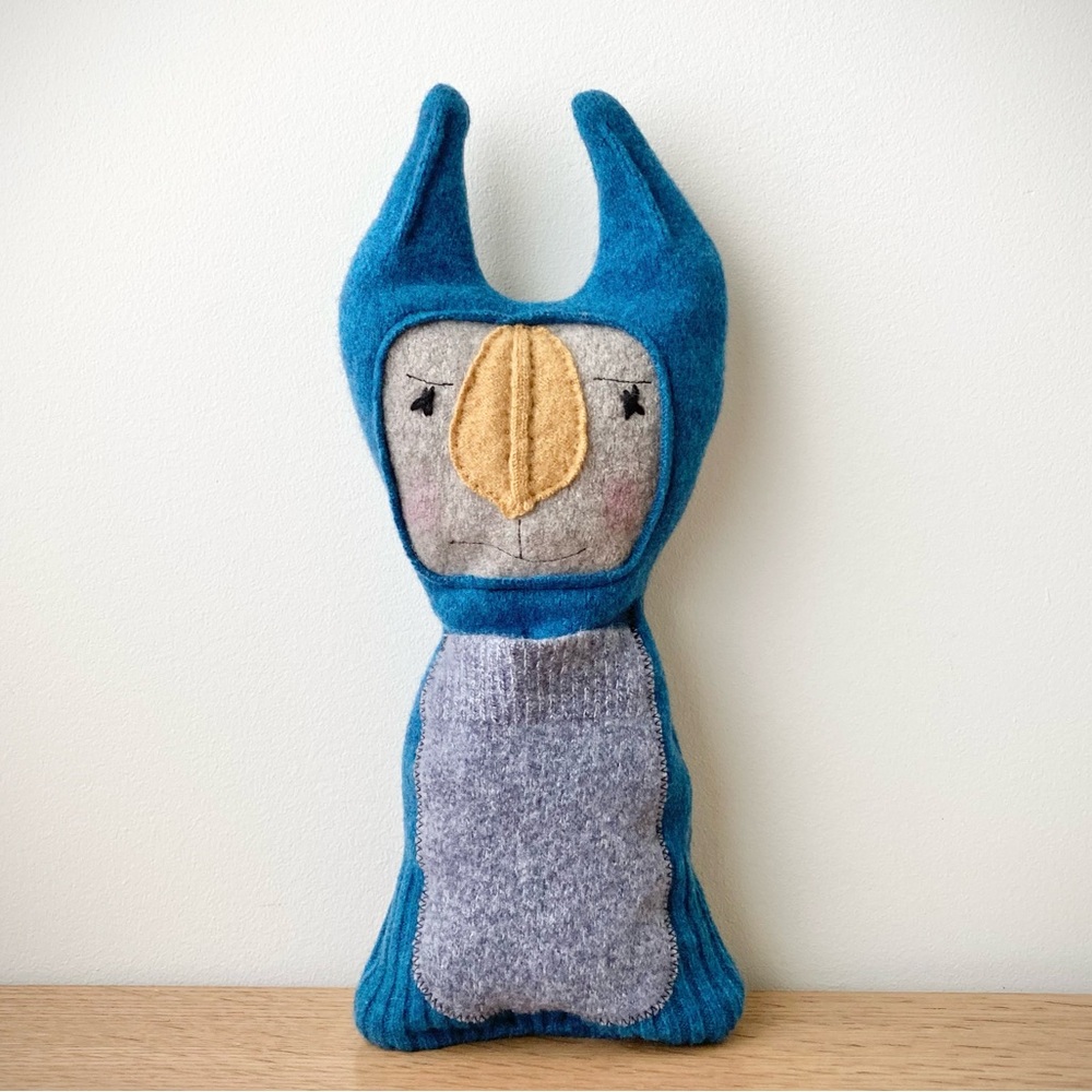 lucky cat 100% wool cashmere sweater doll rustic pillow folk art blue tan kitty